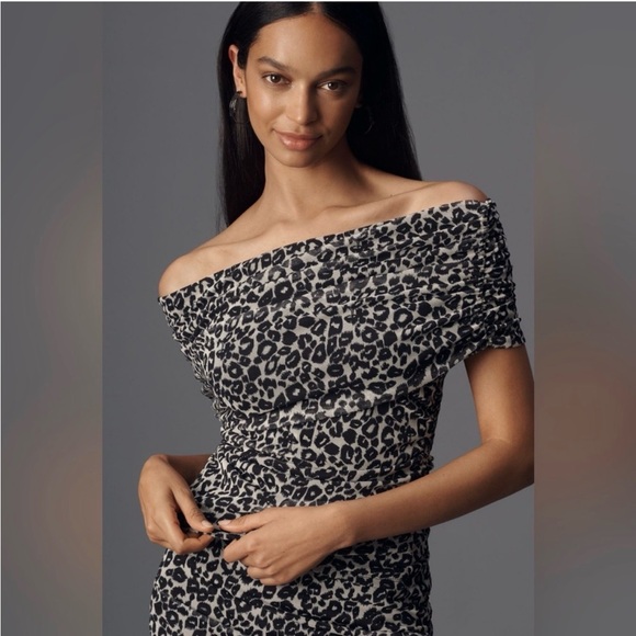 Anthropologie Tops - Anthropologie Maeve off-the-shoulder mesh top in a black and white leopard print